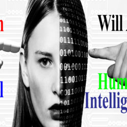 Black and white split portrait of a woman with binary code overlay and colorful text about human and artificial intelligence.