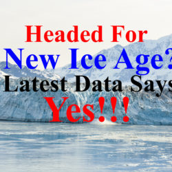 Text over an icy glacier background asks if we are headed for a new ice age, with a bold affirmative answer.