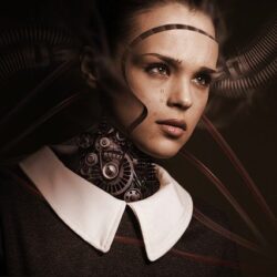 A woman with a futuristic look and a mechanical face.