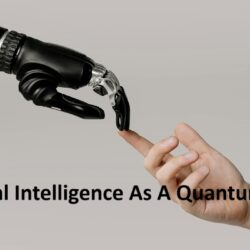 A robot touching another hand with text that reads artificial intelligence as a quantum leap.